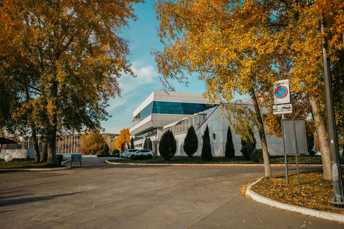 Trees lining a commercial office park property